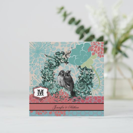 Tortelduifjes op Floral Wreath bruiloft uitnodigin Kaart (Staand voorkant)