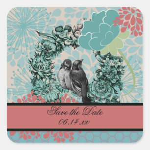 Tortelduifjes op Floral Wreath Save the Date Stick Vierkante Sticker