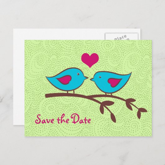Tortelduifjes op Groen Save the Date Briefkaart (Voorkant / Achterkant)
