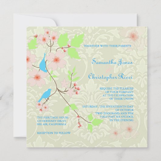 Tortelduifjes op ivoren damask Wedding Invitting Kaart (Achterkant)