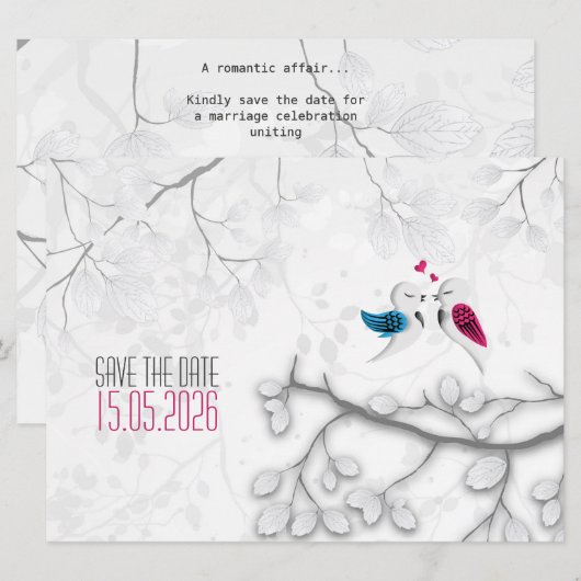 Tortelduifjes op Magical White - Wedding Save the  Save The Date (Voorkant / Achterkant)