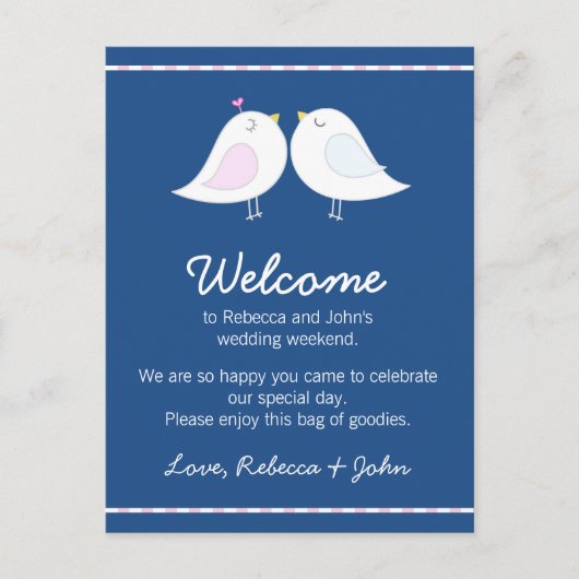 Tortelduifjes op Navy Blue Wedding Welkom Kaart (Voorkant)