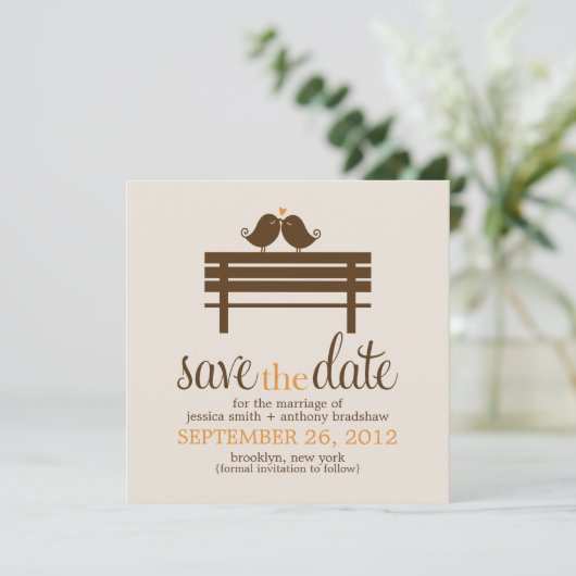 Tortelduifjes op Park Bench Wedding Save The Date (Staand voorkant)