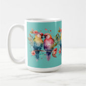 Tortelduifjes op tak omgeven door harten. koffiemok (Links)