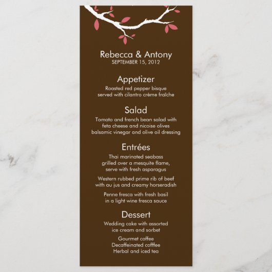 Tortelduifjes op Tree Wedding Menu Kaarten (Voorkant)