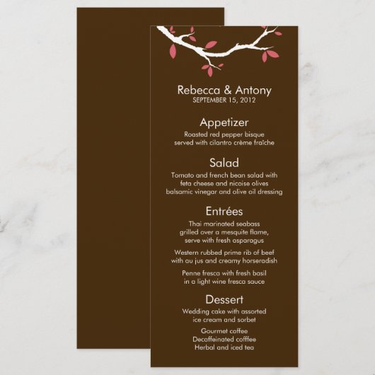 Tortelduifjes op Tree Wedding Menu Kaarten (Voorkant / Achterkant)