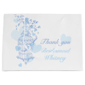 Tortelduifjes open vogelkooi blauwe trouwtas large cadeautasje (Voorkant)