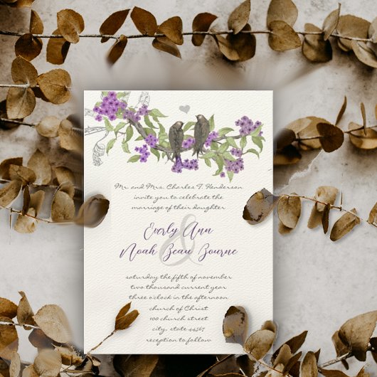 Tortelduifjes Paarse Blooms Bruiloft Kaart