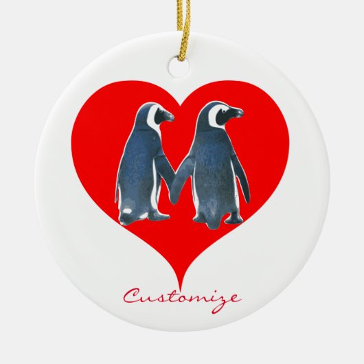 Tortelduifjes Penguin Couple Red Heart Thunder_Cov Keramisch Ornament (Voorkant)