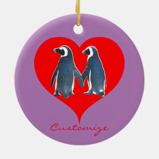 Tortelduifjes Penguin Couple Red Heart Thunder_Cov Keramisch Ornament (Achterkant)