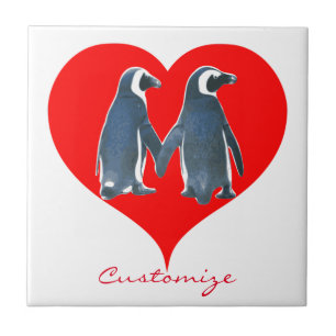Tortelduifjes Penguin Couple Red Heart Thunder_Cov Tegeltje