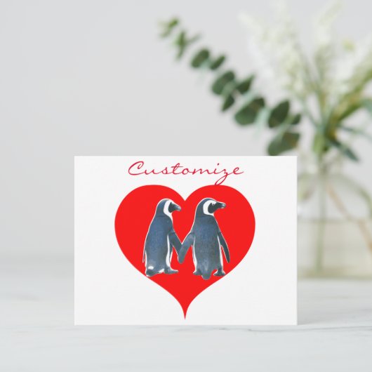 Tortelduifjes Penguin Couple Red Hearts Thunder_Co Briefkaart (Staand voorkant)