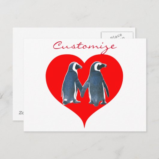 Tortelduifjes Penguin Couple Red Hearts Thunder_Co Briefkaart (Voorkant / Achterkant)