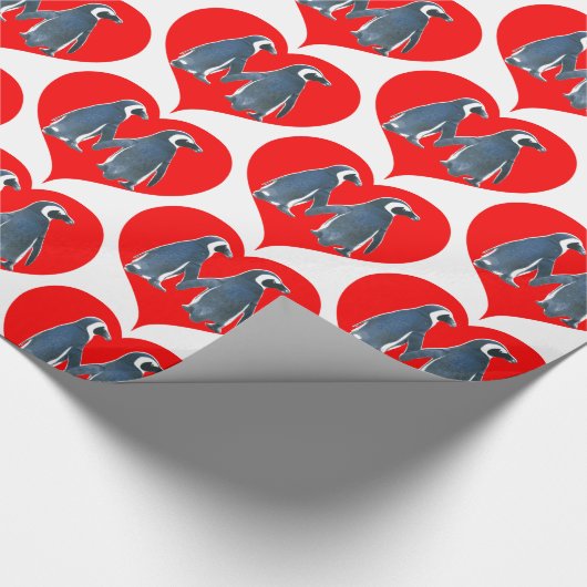 Tortelduifjes Penguin Couple Red Hearts Thunder_Co Cadeaupapier (Hoek)