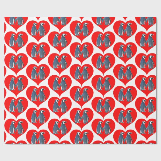 Tortelduifjes Penguin Couple Red Hearts Thunder_Co Cadeaupapier (Vlak)