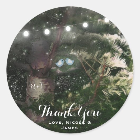Tortelduifjes + Pine Tree Night Wedding Favor Cust Ronde Sticker (Voorkant)