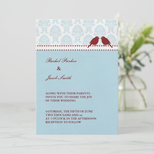 Tortelduifjes Rode & Blauwe Uitnodiging (Staand voorkant)