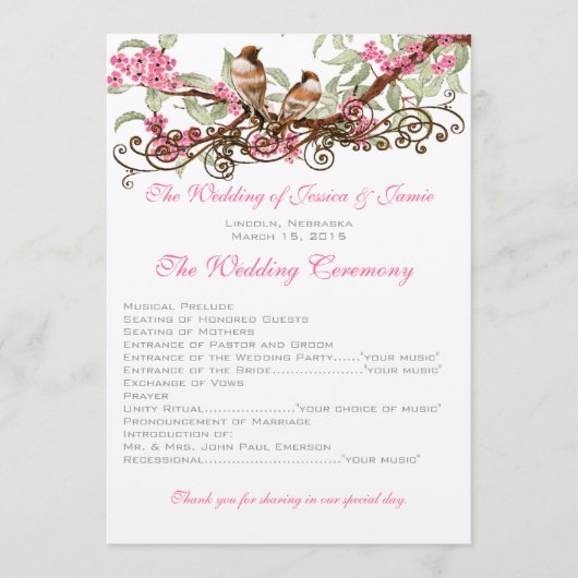  Tortelduifjes Roze Bloemen Bruiloft Programmakaart (Voorkant)