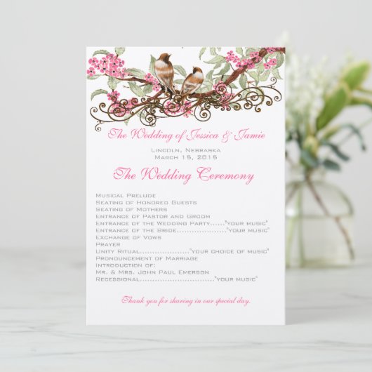  Tortelduifjes Roze Bloemen Bruiloft Programmakaart (Staand voorkant)