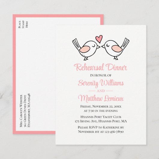 Tortelduifjes Roze bruiloft Lovevogels repetitie Uitnodiging Briefkaart (Voorkant / Achterkant)