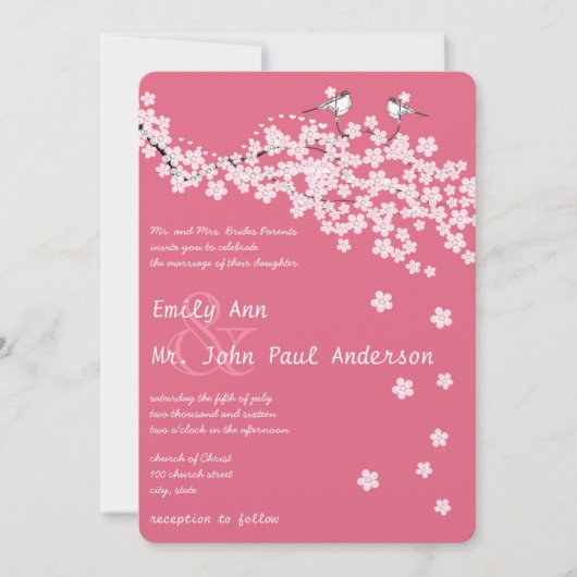  Tortelduifjes Roze Cherry Blossom Weddings Kaart (Voorkant)