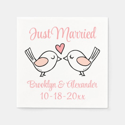 Tortelduifjes Roze net gehuwde vedervogels bruilof Servet (Voorkant)