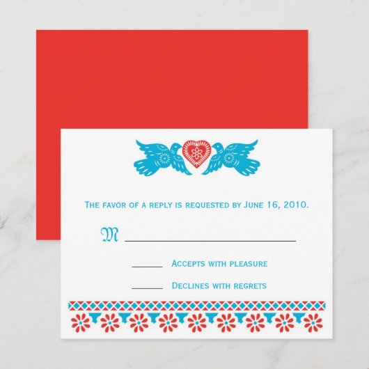 Tortelduifjes RSVP-kaart - rood en blauw RSVP Kaartje (Voorkant / Achterkant)