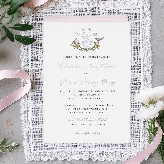 Tortelduifjes "S" Monogram Folie Huwelijksuitnodig Folie Uitnodiging