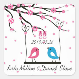 Tortelduifjes Sakura Double Happiness Bruiloft Vierkante Sticker