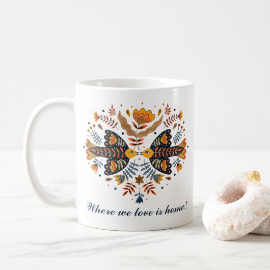 Tortelduifjes Scandinavian Folk Art Valentijnsdag Koffiemok (Met donut)