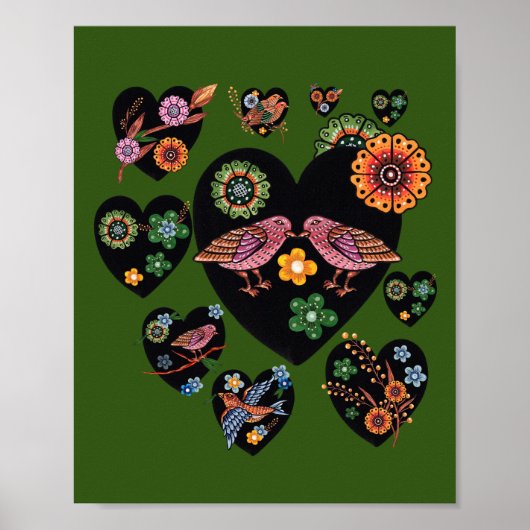 Tortelduifjes Scandinavian Folk Art Valentijnsdag Poster (Voorkant)