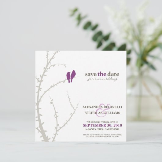 Tortelduifjes Sla de datum-aankondiging op (paars) Save The Date (Staand voorkant)