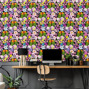 Tortelduifjes tropische bloemen behang