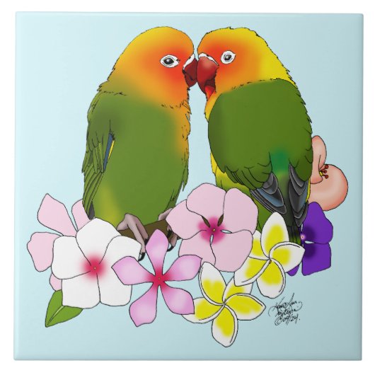 Tortelduifjes tropische bloemen tegeltje (Voorkant)