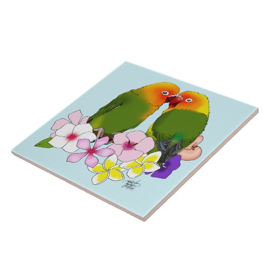 Tortelduifjes tropische bloemen tegeltje (Zijkant)