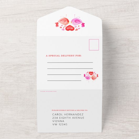 Tortelduifjes trouwdag foto met RSVP All In One Uitnodiging (Buitenkant)