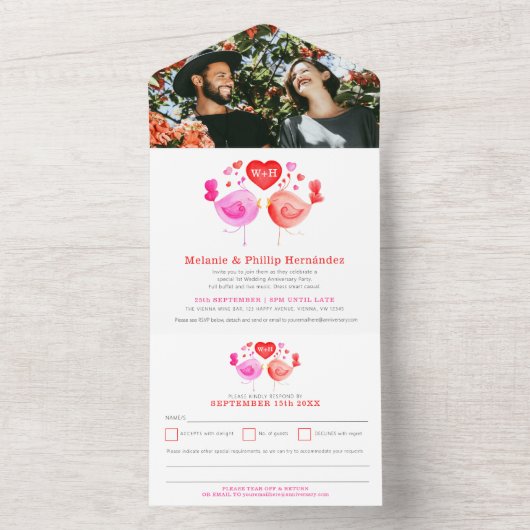 Tortelduifjes trouwdag foto met RSVP All In One Uitnodiging (Binnen)