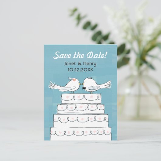 Tortelduifjes Trouwtaart Kus Save the Date Aankondigingskaart (Staand voorkant)