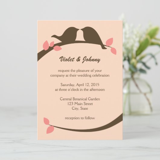 Tortelduifjes van koraal en chocolade kaart (Staand voorkant)