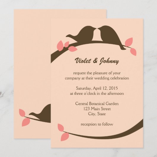 Tortelduifjes van koraal en chocolade kaart (Voorkant / Achterkant)