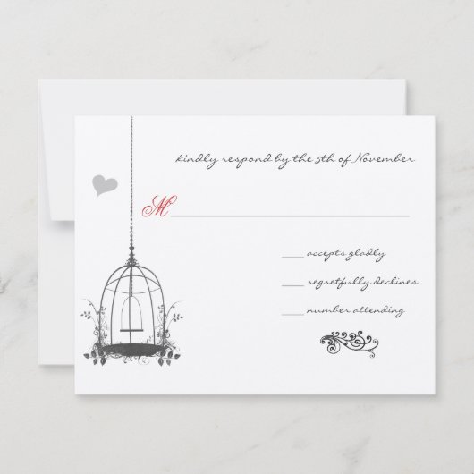  Tortelduifjes Vogelkooi Rood Accenten Bruiloft RSVP Kaartje (Voorkant)