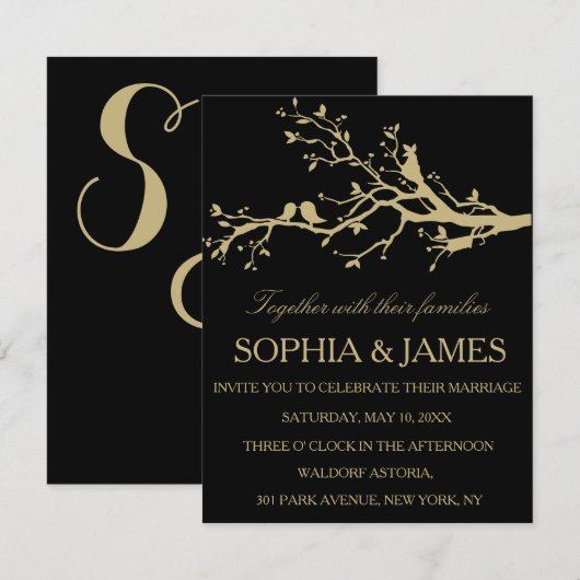 Tortelduifjes Weddenschappen Uitnodiging goud zwar (Voorkant / Achterkant)