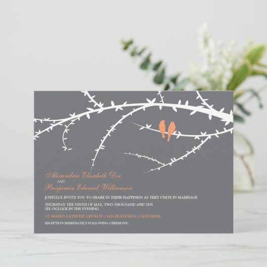 Tortelduifjes Wedding Invitation (koraal) Kaart (Staand voorkant)