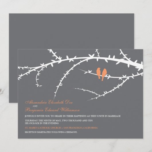 Tortelduifjes Wedding Invitation (koraal) Kaart (Voorkant / Achterkant)