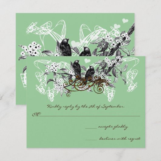  Tortelduifjes Witte Bloemen Teken Weddenschap RSVP Kaartje (Voorkant / Achterkant)