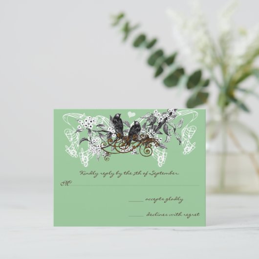  Tortelduifjes Witte Bloemen Teken Weddenschap RSVP Kaartje (Staand voorkant)