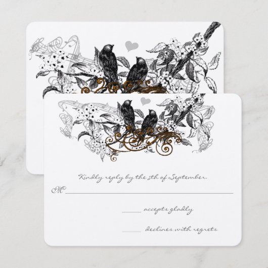  Tortelduifjes Witte Bloemen Teken Weddenschap RSVP Kaartje (Voorkant / Achterkant)