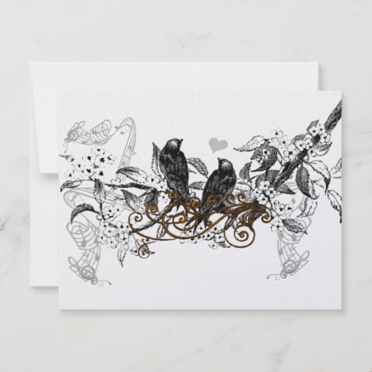 Tortelduifjes Witte Bloemen Teken Weddenschap RSVP Kaartje (Voorkant)