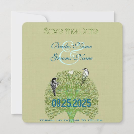 Tortelduifjes Woodpecker Green Swirl Tree Weddensc Save The Date (Voorkant)