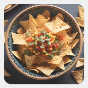 Tortilla chips met salsa in een kom vierkante sticker